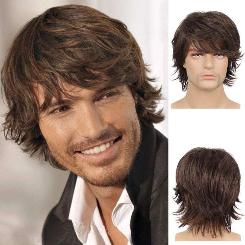 Wiwige Short Brown Wig for Mens Layered Natural Fluffy Synthetic Hair Wig Heat Resistant Halloween Cosplay with Wig Cap - Image 1